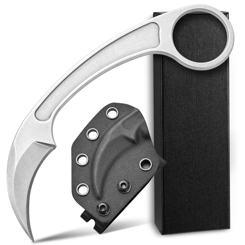 Ccanku C1102 Fixed Blade Knife, D2 Blade Stainless Steel Handle Claw Knife with K Sheath for Outdoor EDC Hunting Survival (Silver)