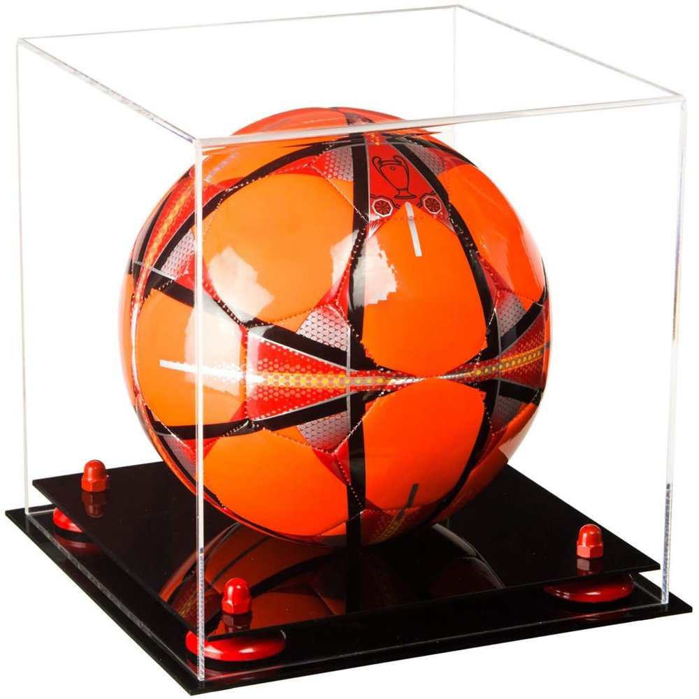 Better Display Cases Acrylic Display Case for Collectibles, Full Size Soccer Ball Display Case, Red Risers & Black Base, Handcrafted Showcase Box.DIM;9.75" L x 9.75" W x 9.75" H. (A027-RR)