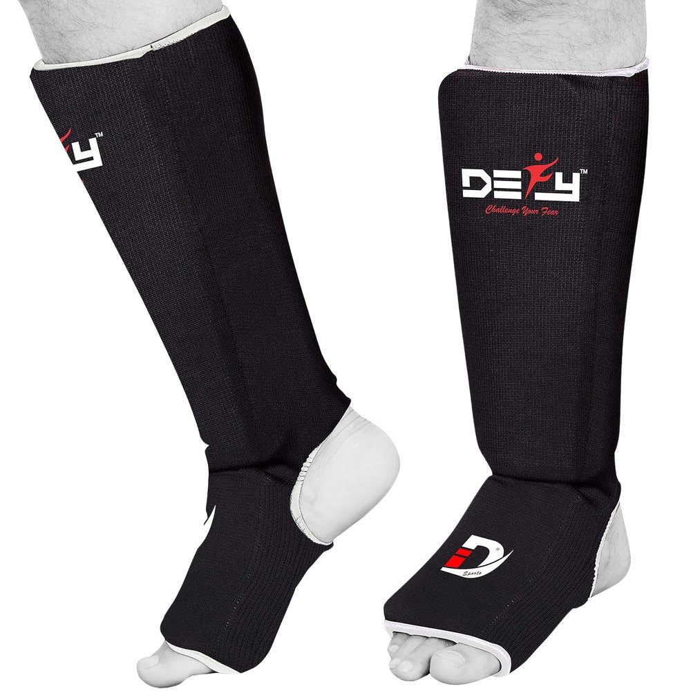 DEFY Shin Instep Foam Padded Shin Guard Protector Shin Support MMA Foot Protection Kickboxing (Black, Large)
