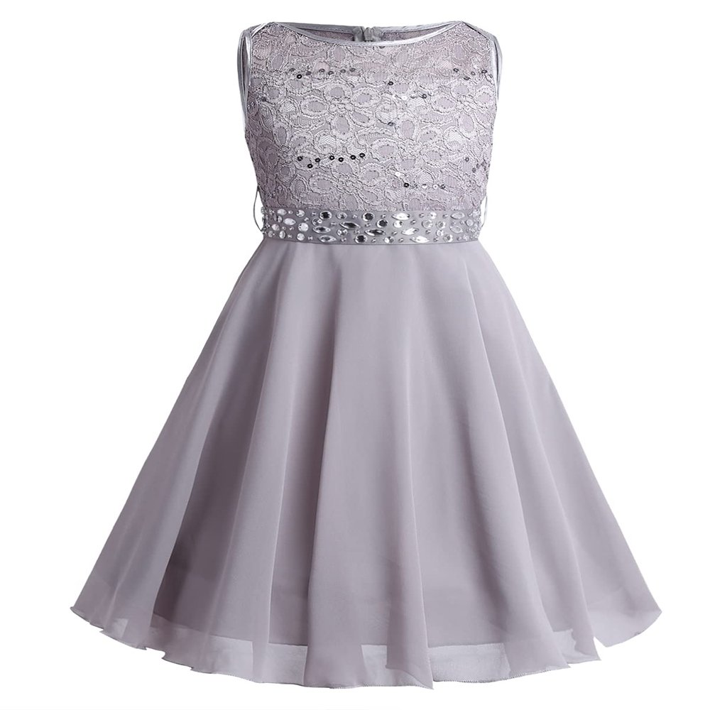 Alvivi Kids Sequins Lace Bodice Junior Bridesmaid Flower Girl Dress Wedding Pageant Party Ball Gowns with Rhinestone Sash Gray 10