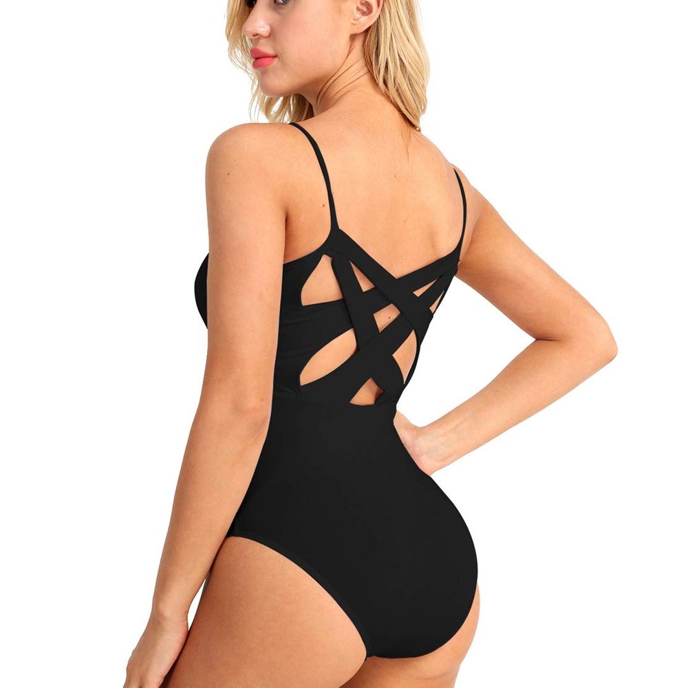 ACSUSS Women's V-Neck Ballet Dance Leotard Criss Cross Back Strappy Camisole Bodysuit Black X-Large