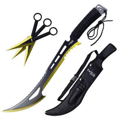 Tactical Master 3 Piece Stainless Steel Decorative Machete and Knife Set with Sheath  Outdoor Utility and Camping Display Collection for Adventure Enthusiasts and Collectors - Gold-34
