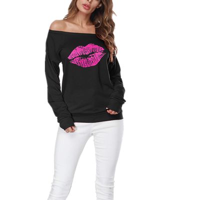 Taiduosheng Women's Valentine's Day Gift Off-Shoulder Blouses Sweatshirt Long Sleeve Print Lips Tops US XS Black