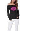 Taiduosheng Women's Valentine's Day Gift Off-Shoulder Blouses Sweatshirt Long Sleeve Print Lips Tops US XS Black view 1