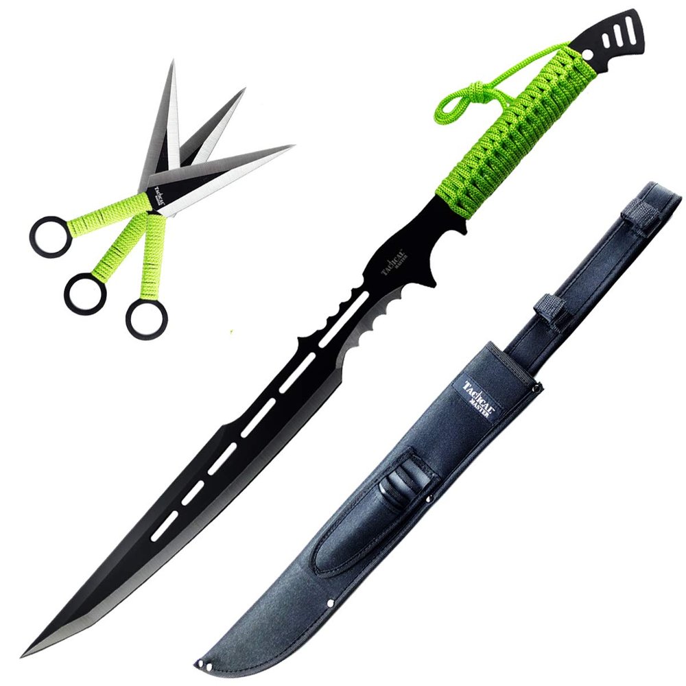 Tactical Master 28 Inch Fixed Blade Machete with 3 Matching Utility Blades Set for Outdoor Activities Display and Gift - Green