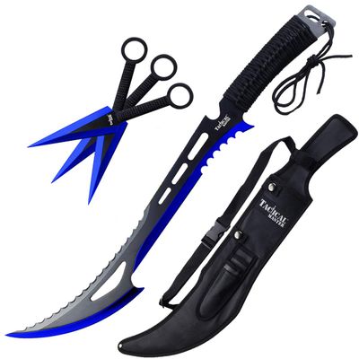 Tactical Master 3 Piece Stainless Steel Decorative Machete and Knife Set with Sheath Outdoor Utility and Camping Display Collection for Adventure Enthusiasts and Collectors - Blue-34
