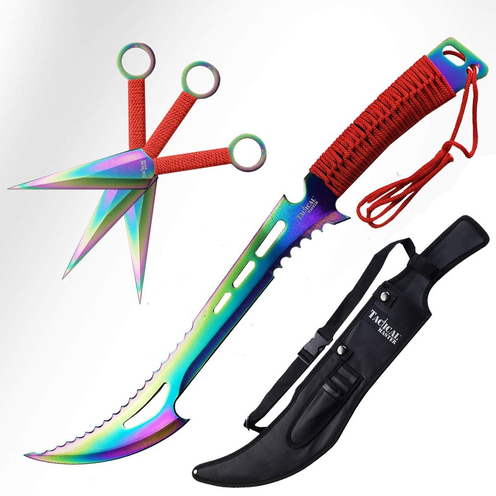 Tactical Master 26 Inch Fixed Blade Machete with Three Fixed Blade Knife Set for Outdoor Sports Collection and Gifting Rainbow Finish
