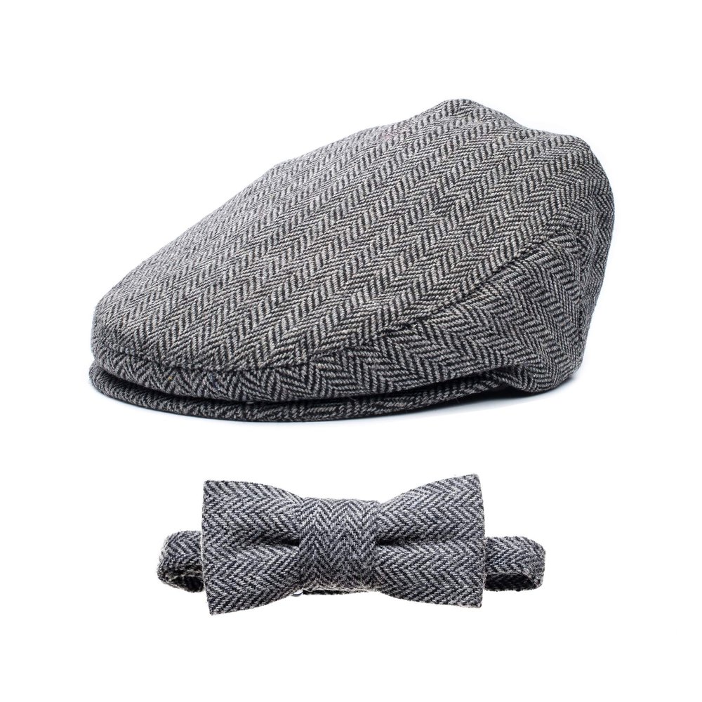 Born to Love Baby Boys Tweed Page Flat Scally Driver Cap Hat, Grey and Black Set, 2-3T