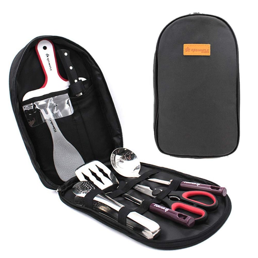 DoMyfit Camp Kitchen Utensil Organizer Travel Set,Portable 8 Piece BBQ Camping Cookware Utensils Travel Kit with Water Resistant Case