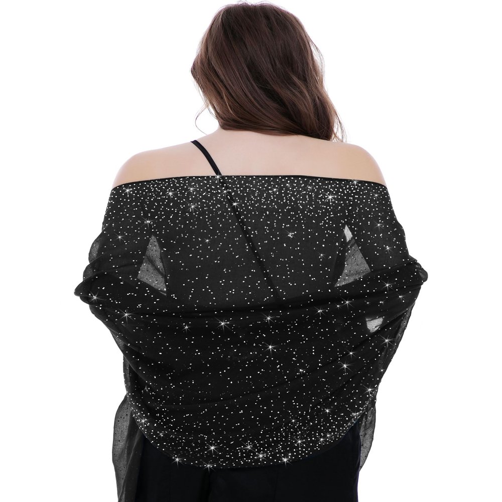 BANETTETA Black Shawls and Wraps For Evening Dresses, Formal Shawl For Evening Dresses Black Wrap Dress Cover Up Formal (Black Silver)
