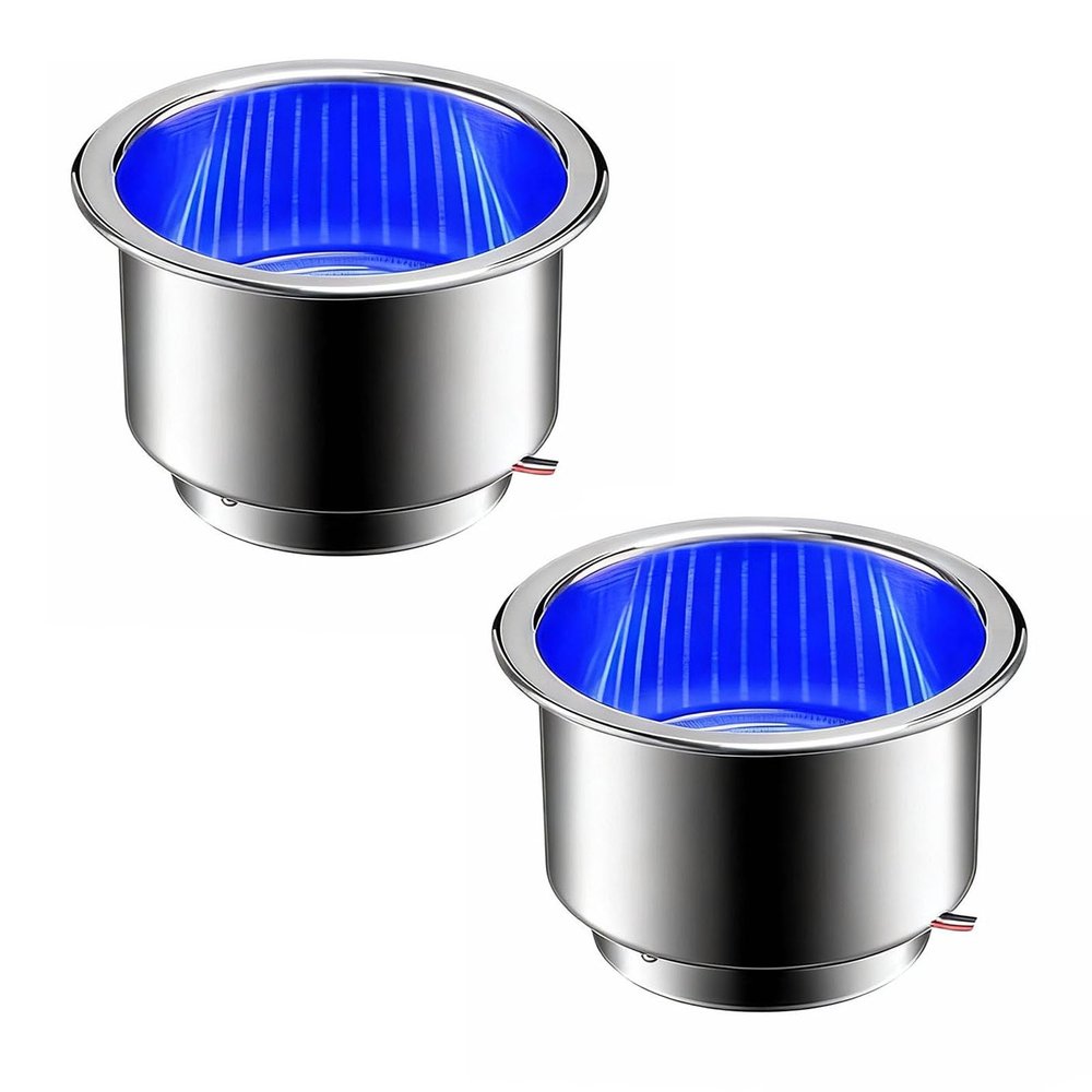 2 Pcs LED Cup Holder Marine Drink Holder Stainless Steel Cup Holders Insert with Drain for Boat Yacht Car Camper Truck RV (Blue LED)