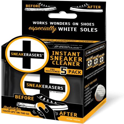 SneakERASERS Instant Sneaker Cleaner Sponge, Effective Shoe Cleaning for White Sneakers, Tennis Shoes - Pre-Moistened, Portable Shoe Cleaner, Perfect for Smooth Soles and Midsoles, 5 Pack