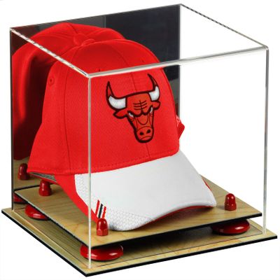 Better Display Cases Acrylic Basketball Hat or Cap Display Case with Mirror, Red Risers and Wood Base (A006-RR)
