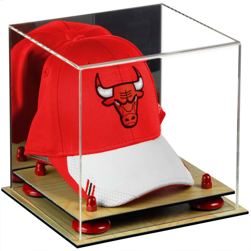 Better Display Cases Acrylic Basketball Hat or Cap Display Case with Mirror, Red Risers and Wood Base (A006-RR)