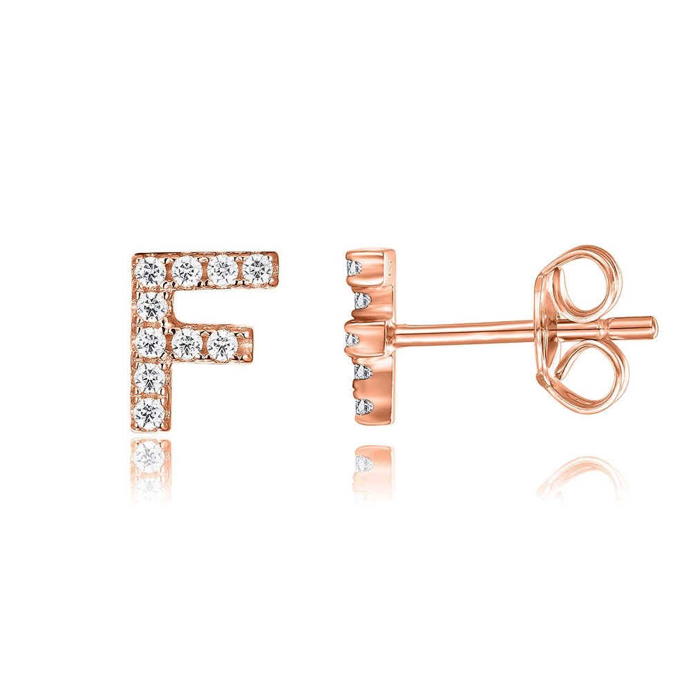 PAVOI CZ Initial Stud Earrings for Women, 925 Silver, Rose Gold, Size 1, F