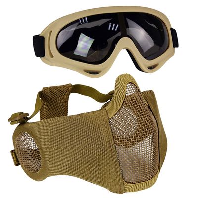 AOUTACC Airsoft Protective Gear Set, Half Face Mesh Mask with Ear Protection and Tactical Goggles for Adult Men Women BBS Paintball Shooting CS Survival Games Cosplay (TAN)