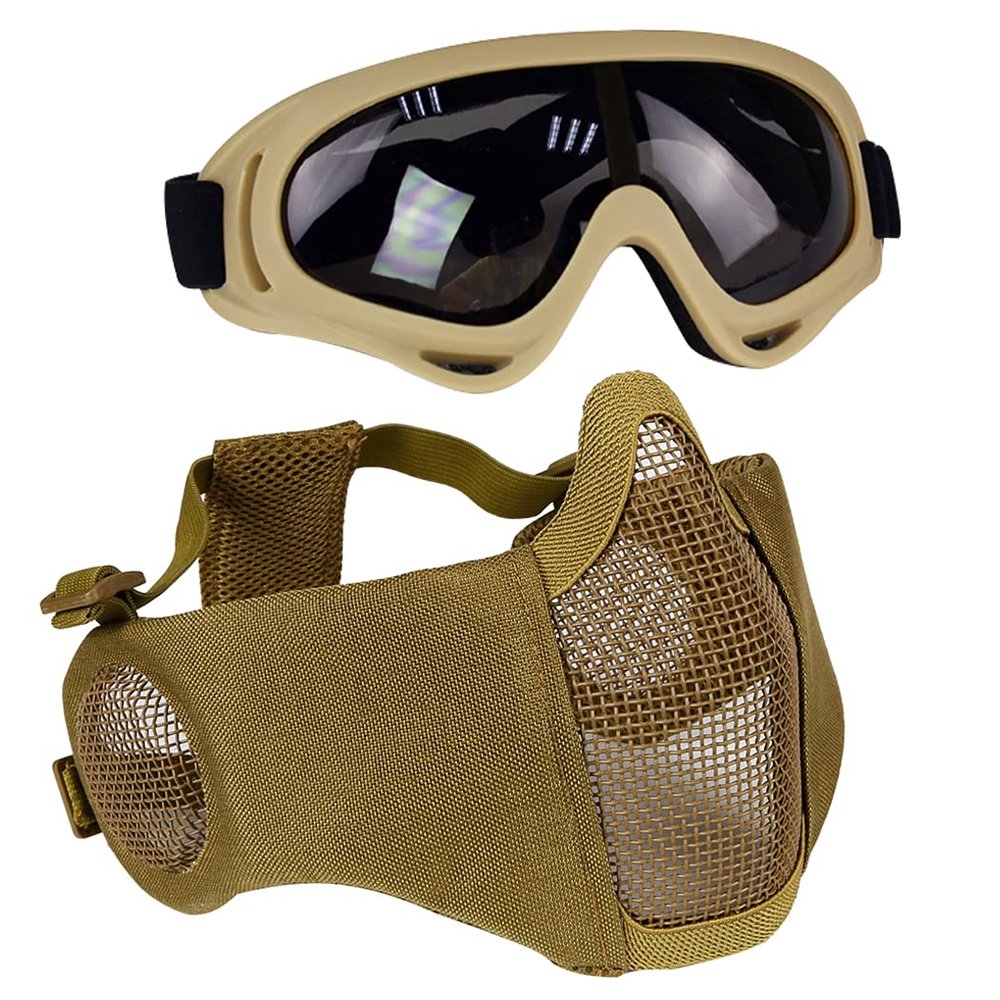 AOUTACC Airsoft Protective Gear Set, Half Face Mesh Mask with Ear Protection and Tactical Goggles for Adult Men Women BBS Paintball Shooting CS Survival Games Cosplay (TAN)