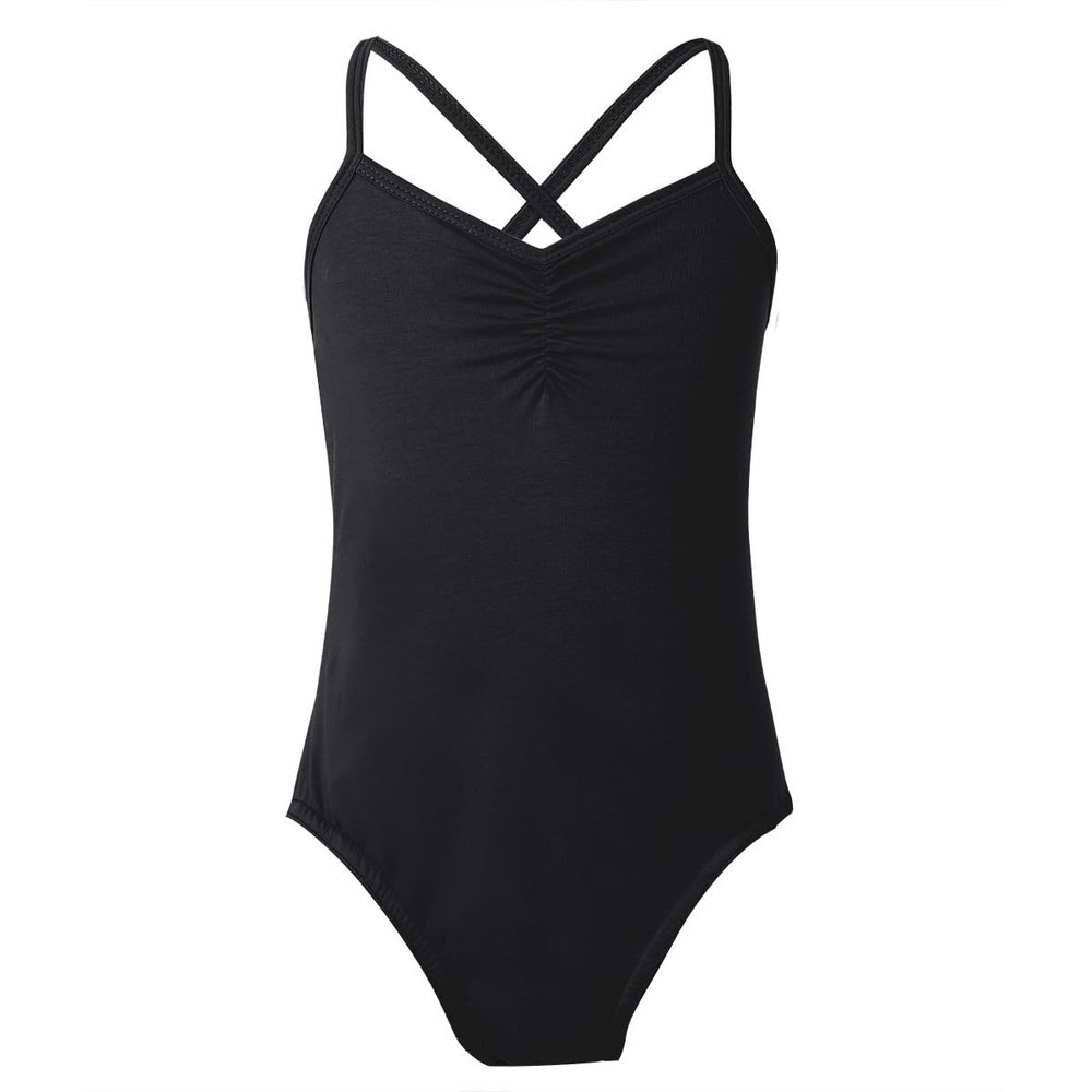 dPois Kids Girls Ballet Dance Leotard Criss Cross Back Bodysuit Gymnastics Unitard Short Jumpsuit Camisole Biketard Black 8-10 Years
