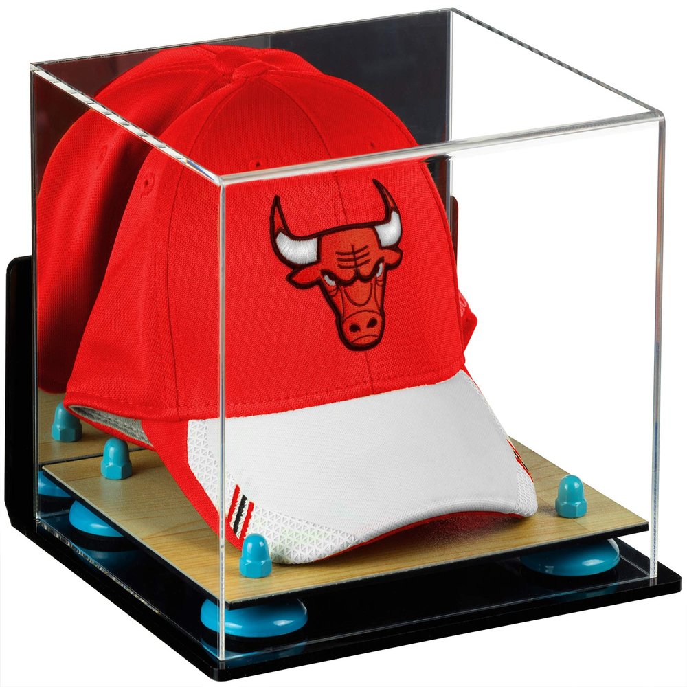 Better Display Cases Acrylic Basketball Hat or Cap Display Case with Mirror, Wall Mount, Blue Risers and Wood Base (A006-BLR)