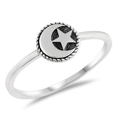 Oxidized Moon Star Simple Dainty Ring 925 Sterling Silver Muslim Band Size 11