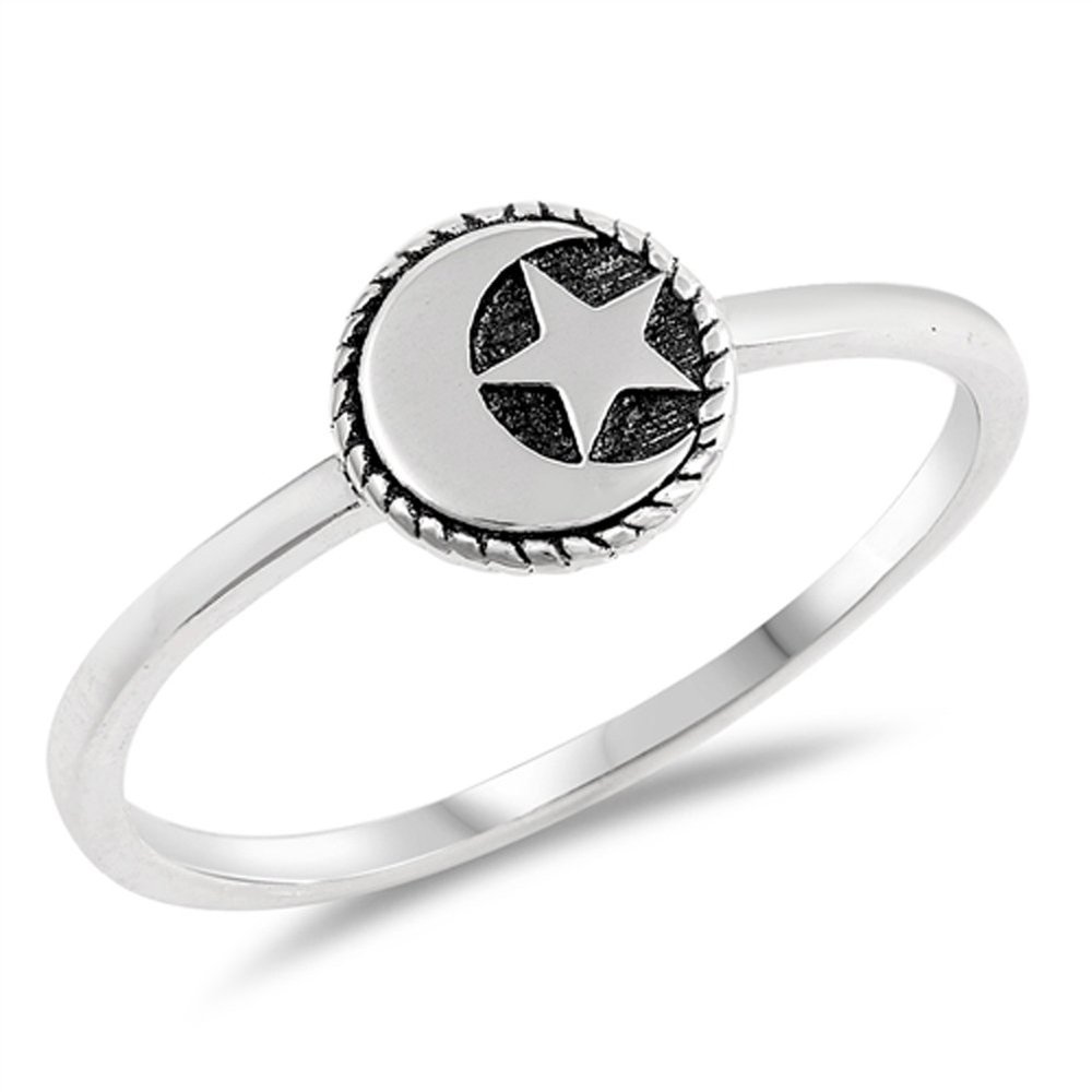 Oxidized Moon Star Simple Dainty Ring 925 Sterling Silver Muslim Band Size 11