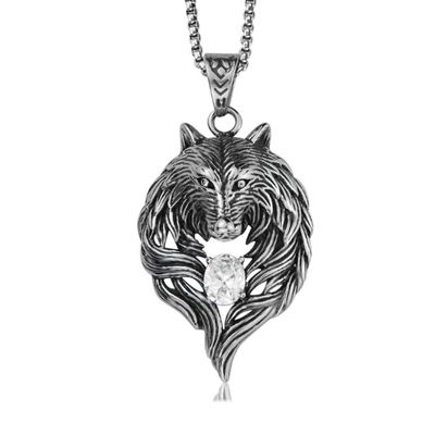 Blowin Punk Men's Vintage Stainless Steel Tribal Animal Jewelry Wolf Head Pendant Necklace with White CZ, 24" Link Chain