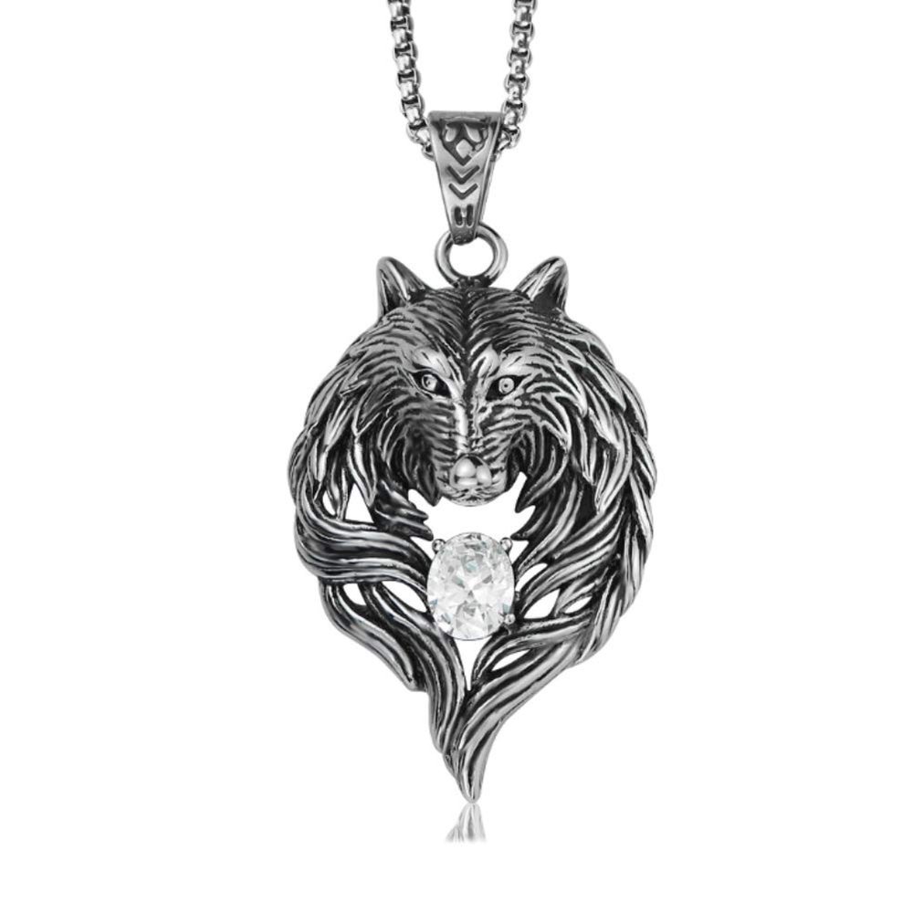 Blowin Punk Men's Vintage Stainless Steel Tribal Animal Jewelry Wolf Head Pendant Necklace with White CZ, 24" Link Chain