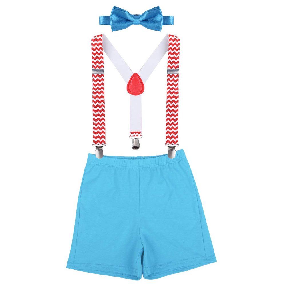 IBTOM CASTLE Toddler Baby Boy Clothes Set 1st Birthday Cake Smash Bowtie Suspenders Pants 3pcs Outfits Diaper Nappy Cover Christening Clothes Blue+Chevron Striped