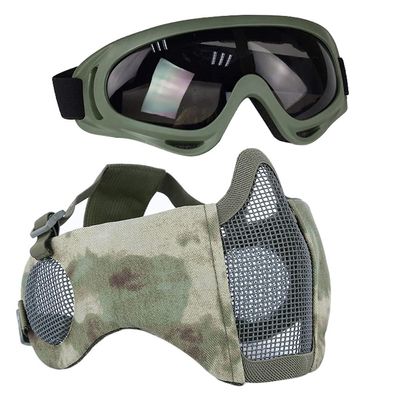 AOUTACC Airsoft Protective Gear Set, Half Face Mesh Mask with Ear Protection and Tactical Goggles for Adult Men Women BBS Paintball Shooting CS Survival Games Cosplay (FG)