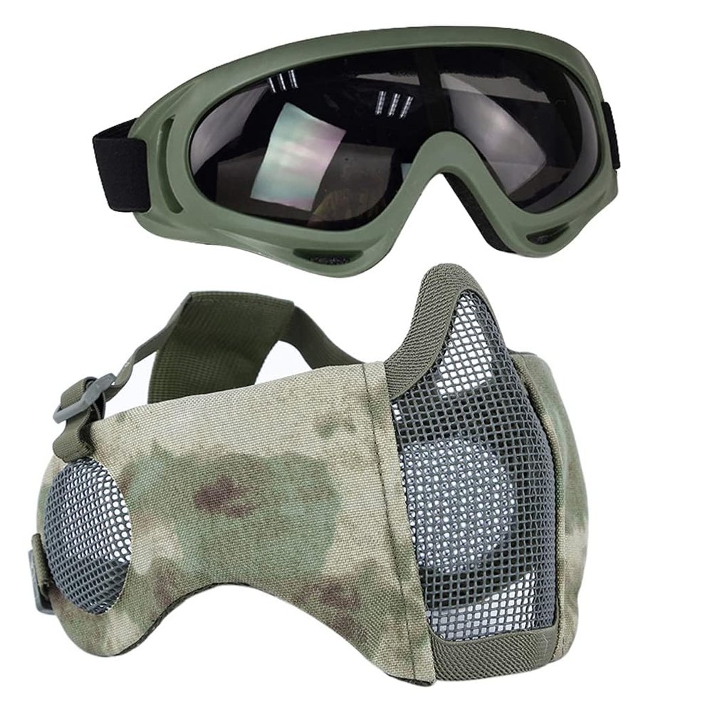 AOUTACC Airsoft Protective Gear Set, Half Face Mesh Mask with Ear Protection and Tactical Goggles for Adult Men Women BBS Paintball Shooting CS Survival Games Cosplay (FG)