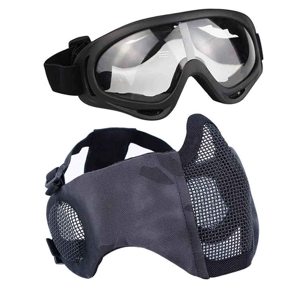 AOUTACC Airsoft Protective Gear Set, Half Face Mesh Mask with Ear Protection and Tactical Goggles for Adult Men Women BBS Paintball Shooting CS Survival Games Cosplay (TY)