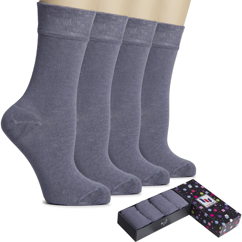 Hugh Ugoli Women's Cotton Dress Socks for Business and Trouser, Thin Crew Socks, Seamless Toe, 4 Pairs with Luxury Gift Box, Grey, Shoe Size: 5-8