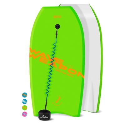 Own The Wave 41 Inch Body Board Pack with EPS Core and HDPE Slick Bottom - Lightweight and Buoyant Perfect for Surfing - Comes with Coiled Leash and Swim Flippers Savers (Green & Orange)