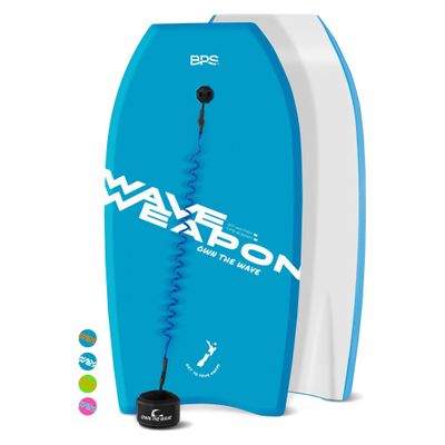 Own The Wave 37 Inch Body Board for Adults and Kids - HDPE Slick Bottom & EPS Core - Light Weight Bodyboard Perfect for Surfing - Comes with Coiled Leash and Swim Fin Tethers (Blue & White)