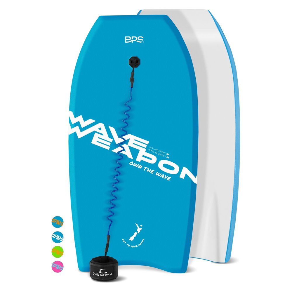 Own The Wave 37 Inch Body Board for Adults and Kids - HDPE Slick Bottom & EPS Core - Light Weight Bodyboard Perfect for Surfing - Comes with Coiled Leash and Swim Fin Tethers (Blue & White)