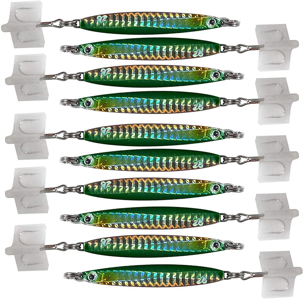10pcs 1oz Colt Sniper jigs 28g Green Vertical coltsniper jig with 3561D-DT MUSTAD 3X Strong Forge High Carbon Steel Treble Hooks