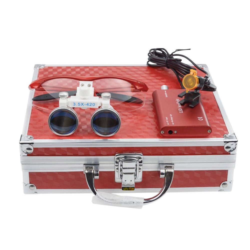 NSKI 3.5X 420mm Binocular Loupes Optical Glasses + 3W LED Head Lamp with Filter + Aluminum Box (Red)