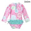 iiniim Baby/Toddler Girls Long Sleeve Rash Guard Swimsuit Shirt Tops UPF 50+ Floral Sun Protection Swimwear Zipper Bodysuit Pink 6-12 Months view 2