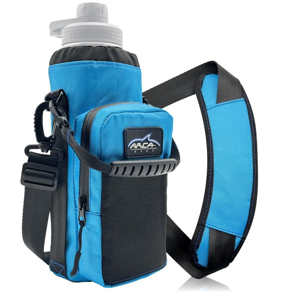 Arca Gear 40 oz Hydro Carrier - Insulated Water Bottle Sling w/Carry Handle, Shoulder Strap, Wallet and Two Pouches - The Perfect Flask Accessory - Lagoon Blue