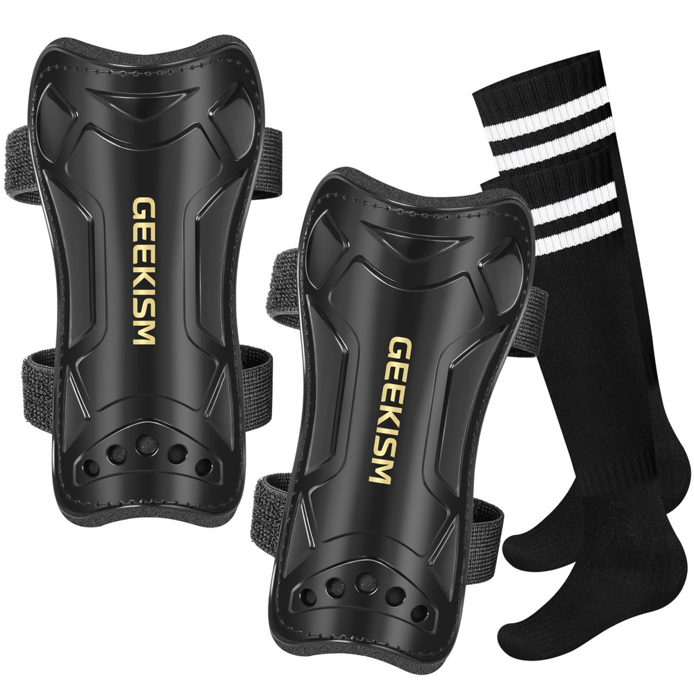 Soccer Shin Guards for Youth Kids Toddler, Upgraded Double Straps & Thicker, More Stable Protected Soccer Equipment - Football Gear for 3-5-7 4-6-8-10-12-14 Years Old Child Teens Boys Girls (Black, M)