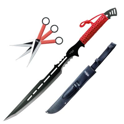 Tactical Master 3 Piece Stainless Steel Decorative Machete and Knife Set with Sheath  Outdoor Utility and Camping Display Collection for Adventure Enthusiasts and Collectors - Red
