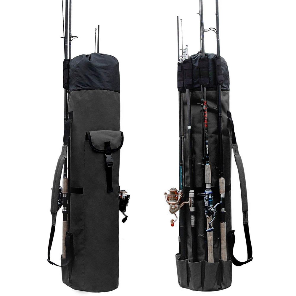 Allnice Sturdy Canvas Fishing Rod & Reel Organizer Bag Travel Carry Case Bag- Holds 5 Poles & Tackle (Black)