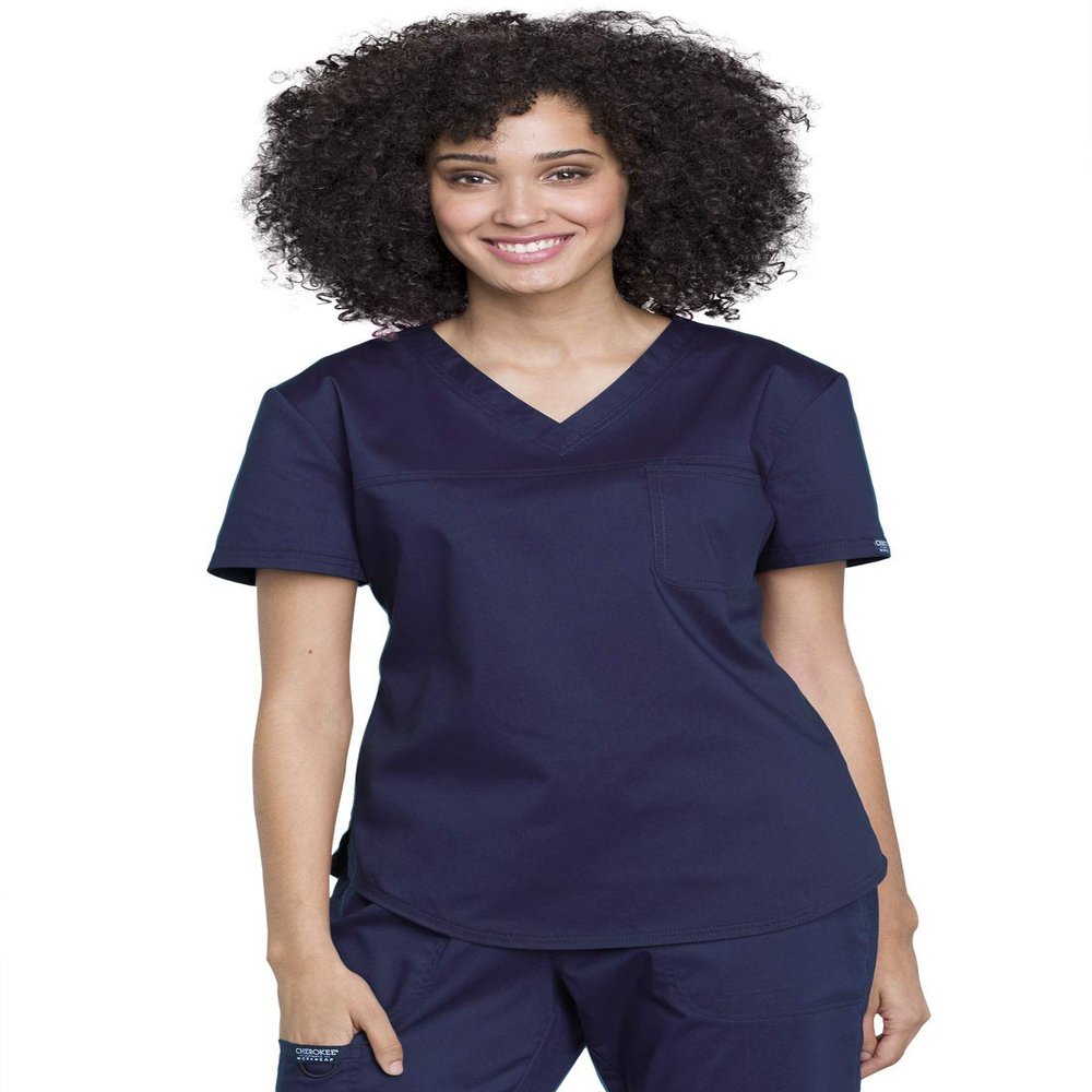 Cherokee Scrubs for Women Tuckable V-Neck O.R. Scrub Top with Chest Pocket,Soft Stretch,Easy Care Medical Uniform Plus Size - WW657, 2XL, Navy