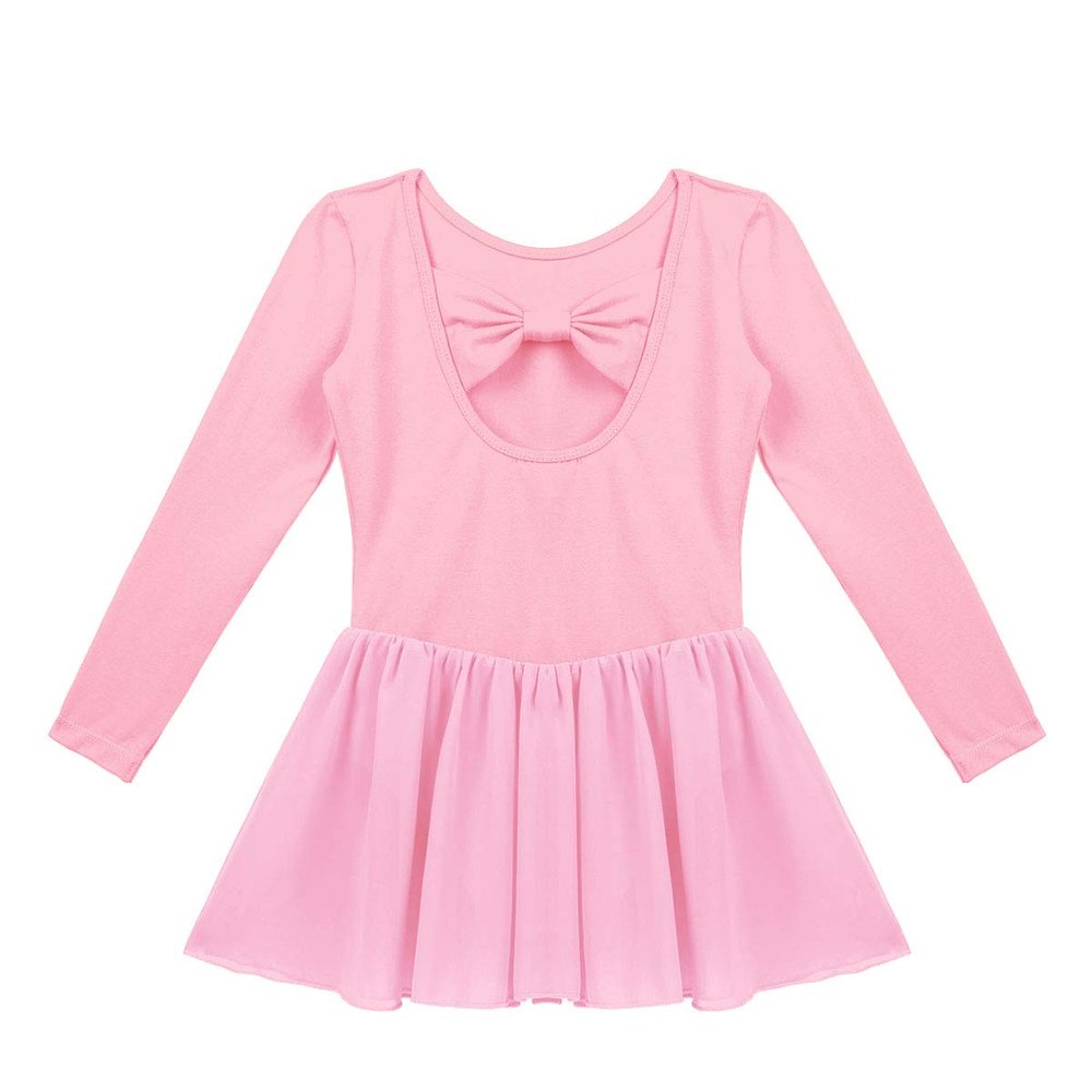 FEESHOW Kids Girls Classic Team Basic Long Sleeve Gymnastic Ballet Dance Leotard with Wrap Skirt Tutu Dress Pink 11-12