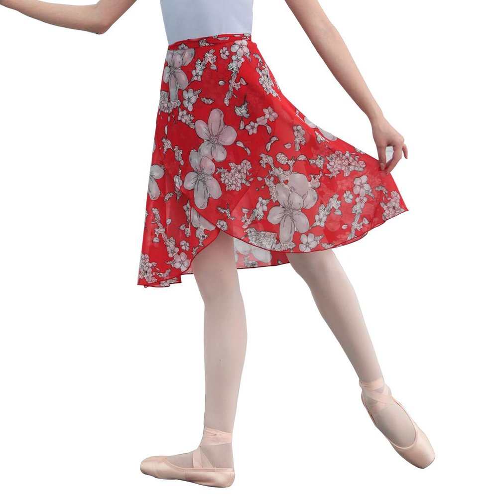 118143006 Long Wrap Ballet Skirt Multicolor Floral Dance Skirt (M, Red)