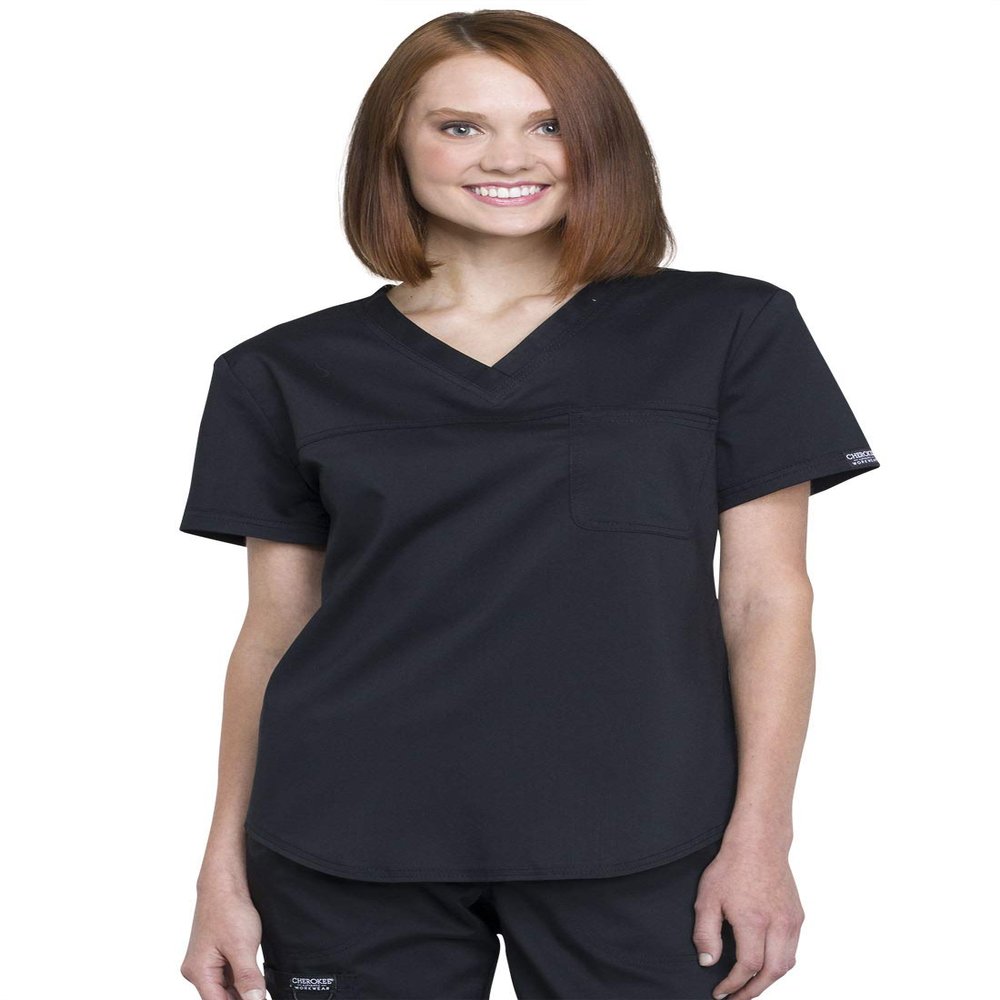 Cherokee Scrubs for Women Tuckable V-Neck O.R. Scrub Top with Chest Pocket,Soft Stretch,Easy Care Medical Uniform - WW657, S, Black