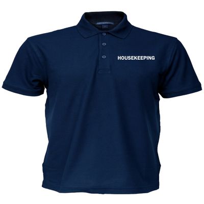 Housekeeping Easy Care Polo Shirt in Navy with White Screen Print, Employee Polo, Staff Shirt.