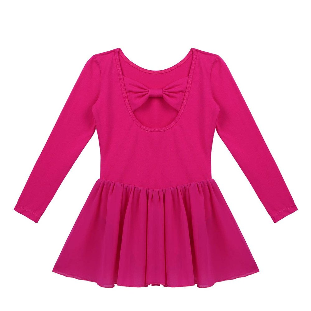 FEESHOW Kids Girls Classic Team Basic Long Sleeve Gymnastic Ballet Dance Leotard with Wrap Skirt Tutu Dress Rose Red 11-12
