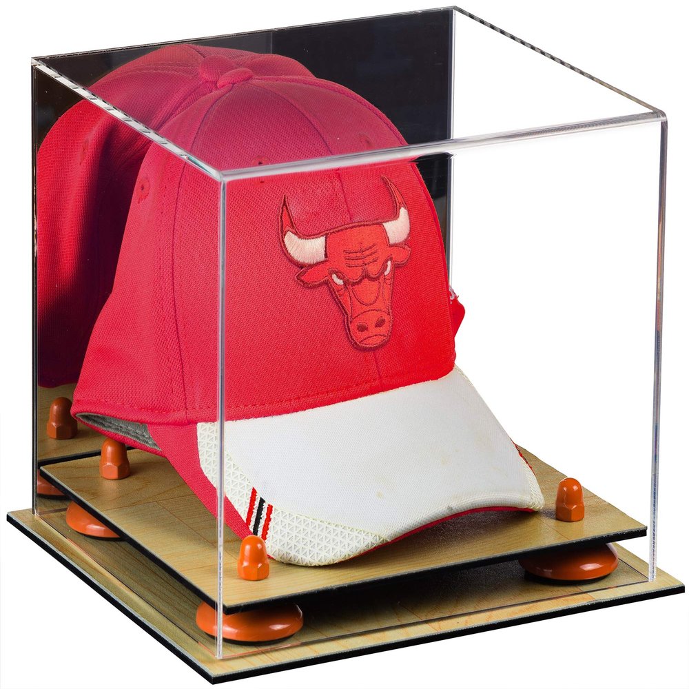 Better Display Cases Acrylic Basketball Hat or Cap Display Case with Mirror, Orange Risers and Wood Base (A006-OR)