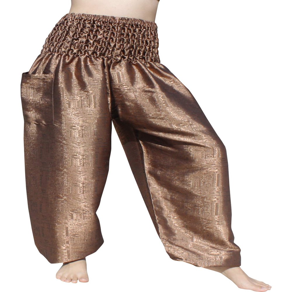 RaanPahMuang Textured Thai Silk Smock Waist MC Hammer Dance Pants with Pocket, Medium, Pale Brown
